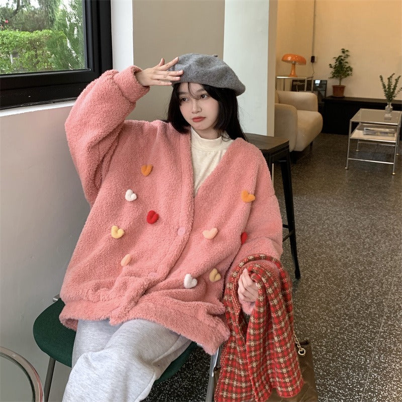 Temperament All-match Plush Thickened V-neck Top Lamb Wool Coat Women
