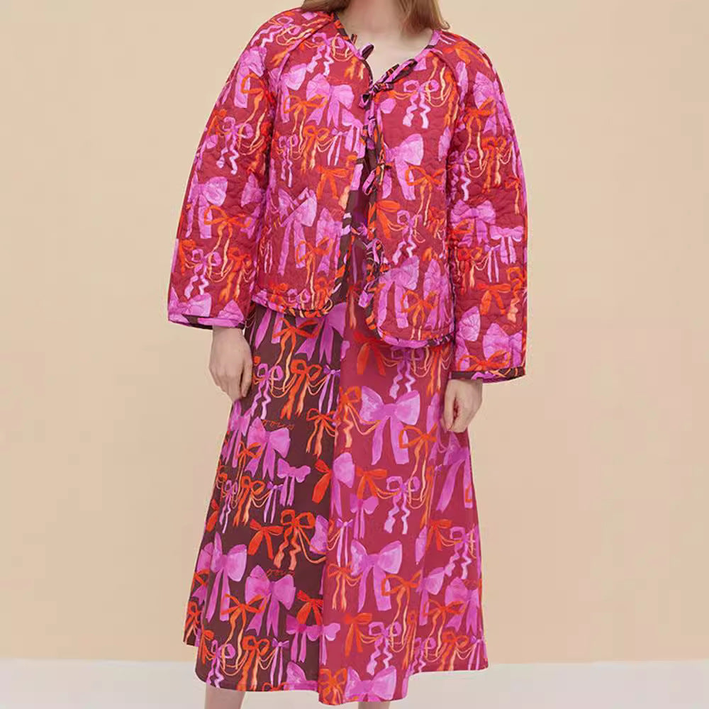 Round Neck Bowknot Printed Double-sided Lace-up Jacket