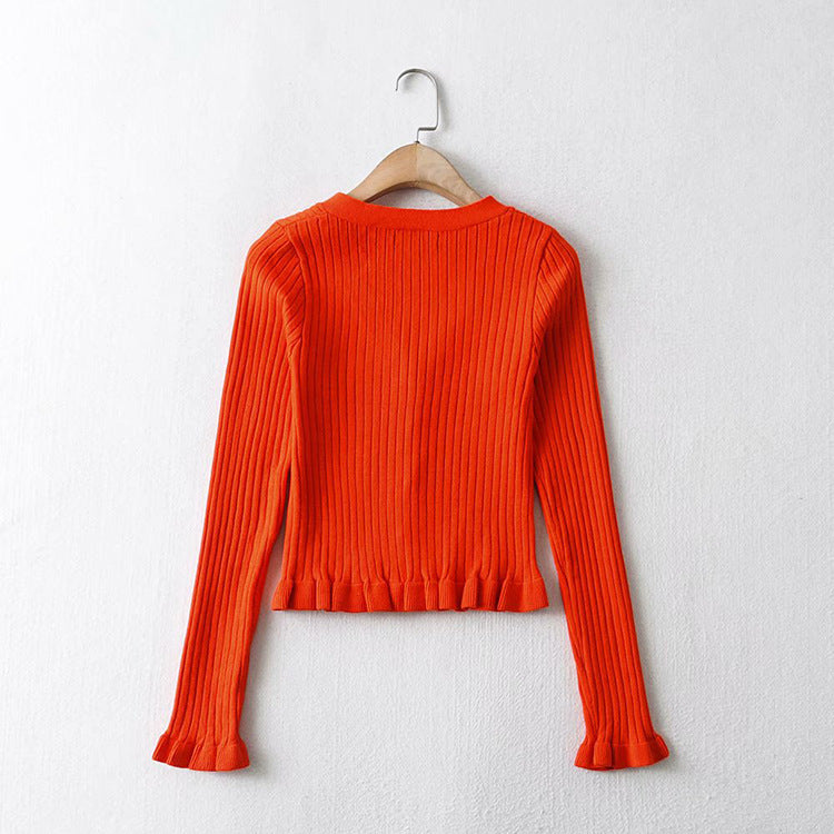 Retro V-neck Tree Fungus-like Lacework Slim Fit Slimming And Short Long Sleeve Base Knitting Cardigan Top