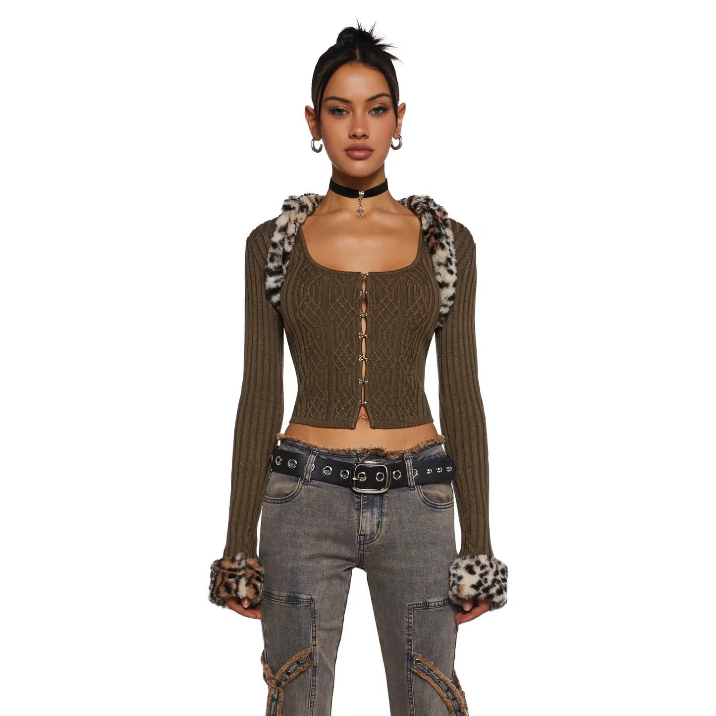 Slim-fit Fleece Patchwork Knitting Top Two-piece Set