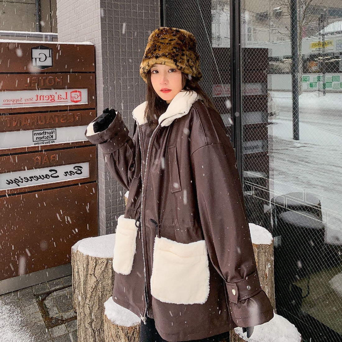 Women's Waist Thickening Lining Stitching Pu Leather Coat Jacket