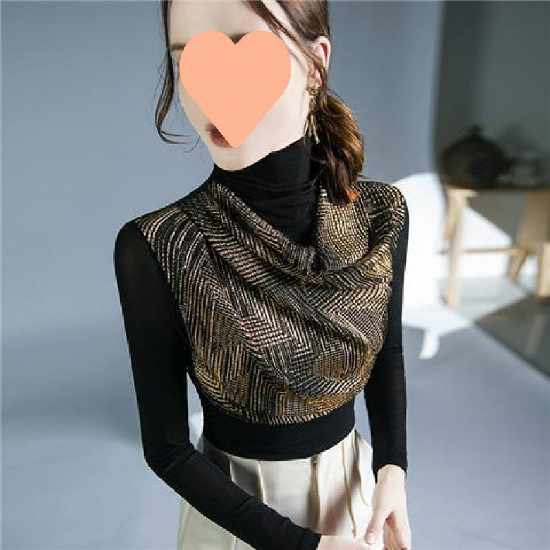 Sequin Stitching Long Sleeve Mesh Undershirt Inner Wear