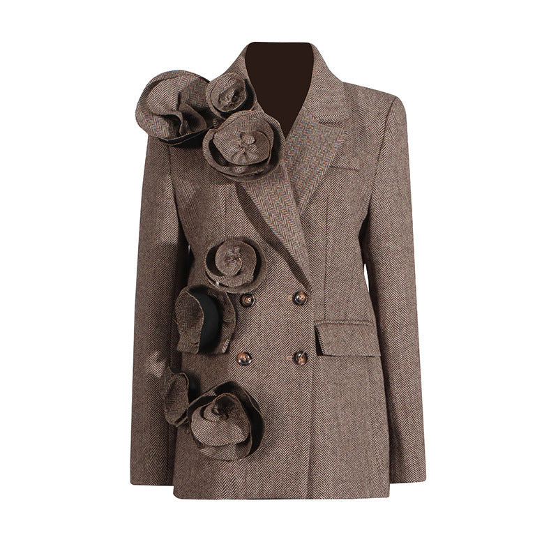Temperament Commute Style Handmade Three-dimensional Flower Decoration Stitching Double-breasted Women's Suit Jacket