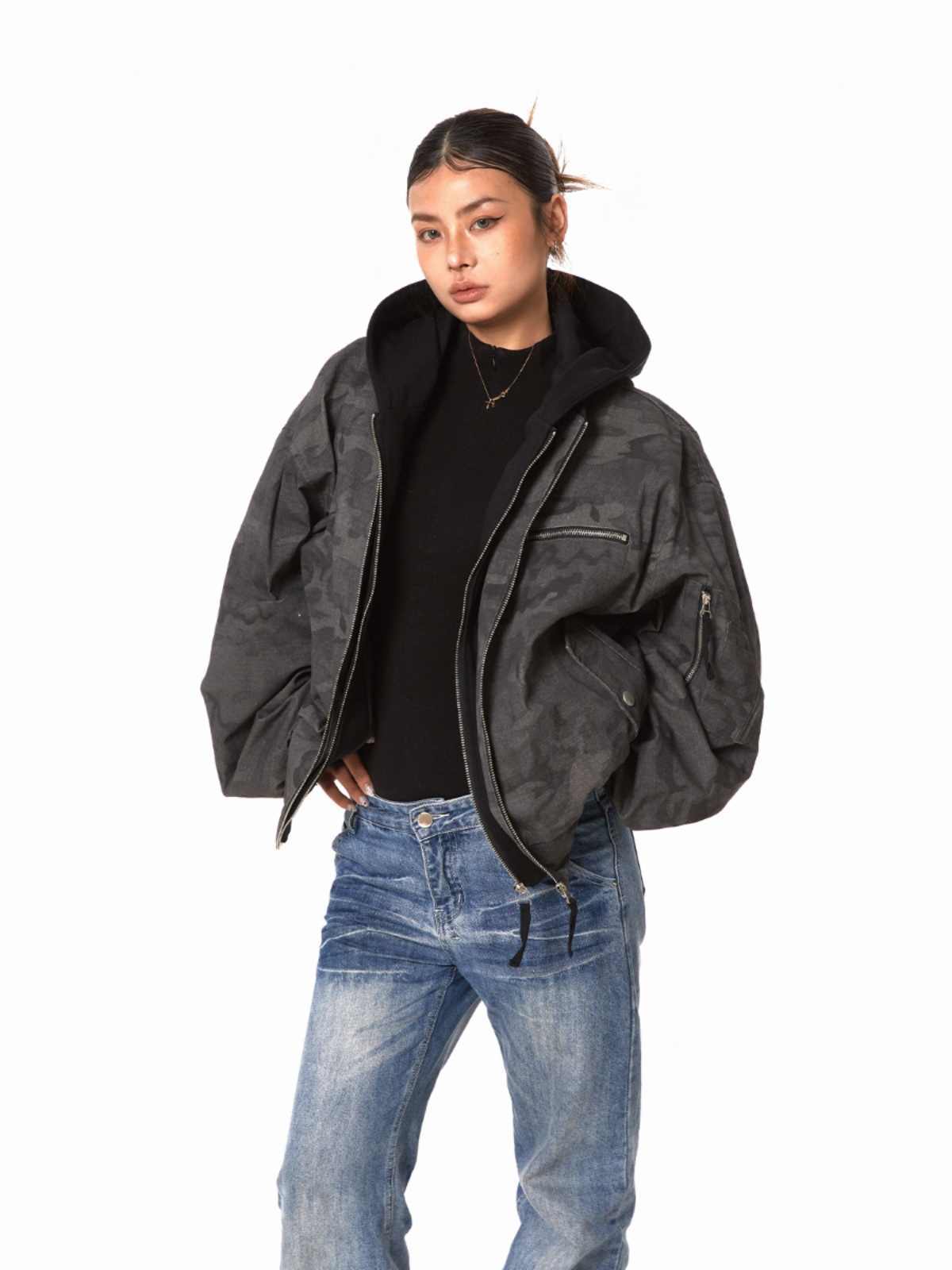 Retro Workwear Camouflage Coat Women Fake Two Pieces Loose Jacket