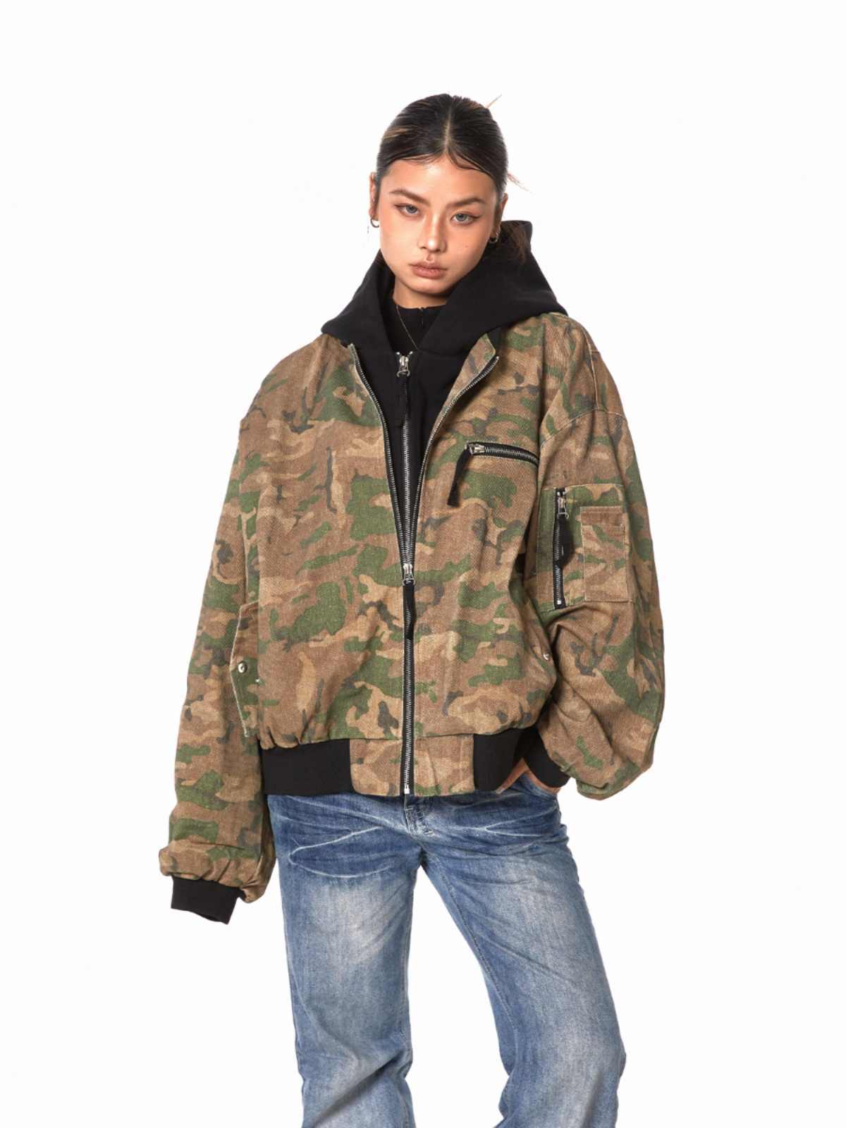 Retro Workwear Camouflage Coat Women Fake Two Pieces Loose Jacket
