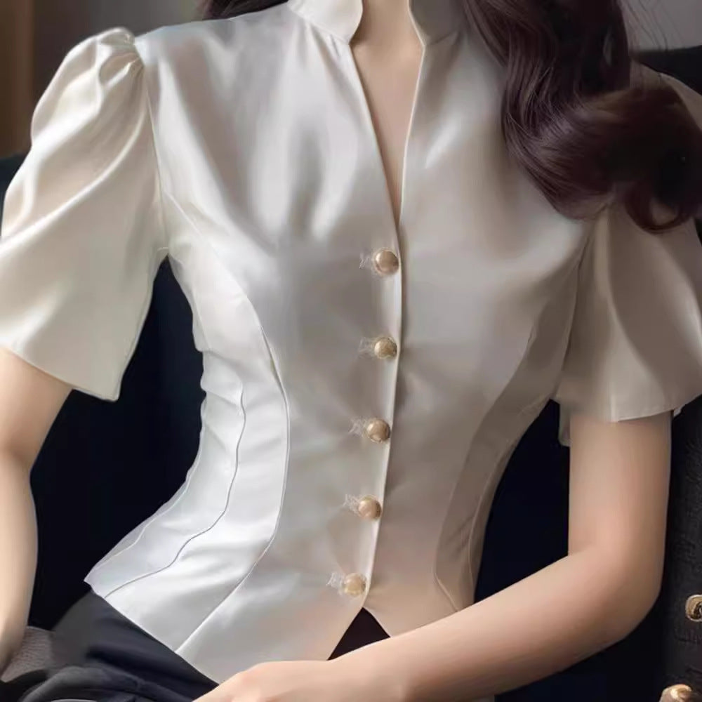 Satin Shirt Women's Tight Waist V-neck High-end Temperament Top