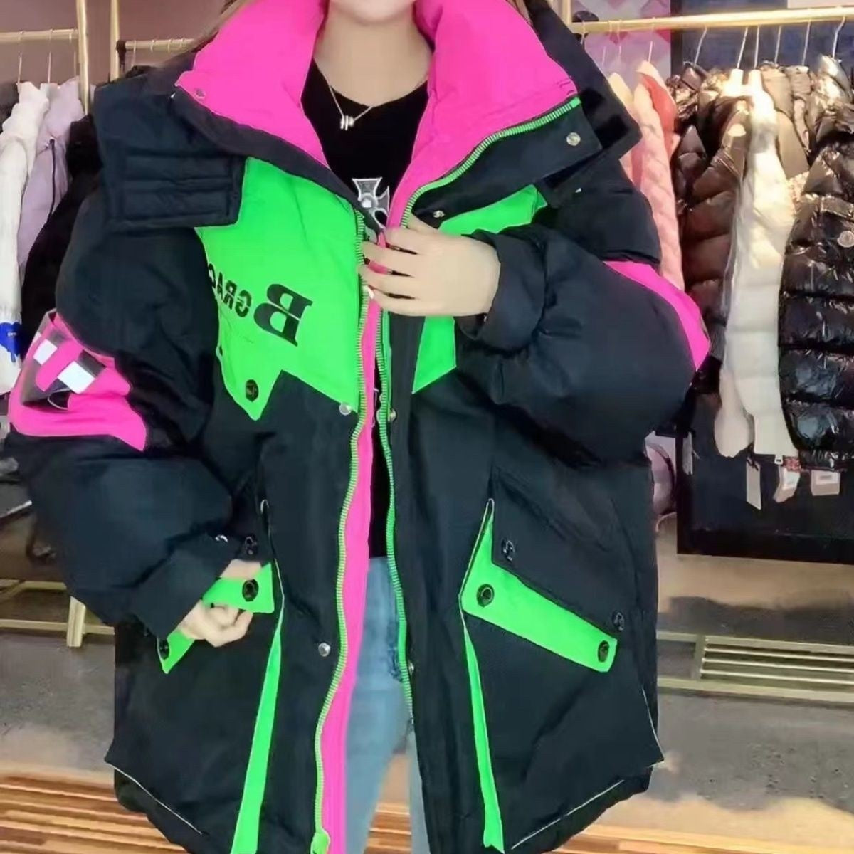 Thick Down Jacket Hooded Color Contrast Stitching Workwear For Women