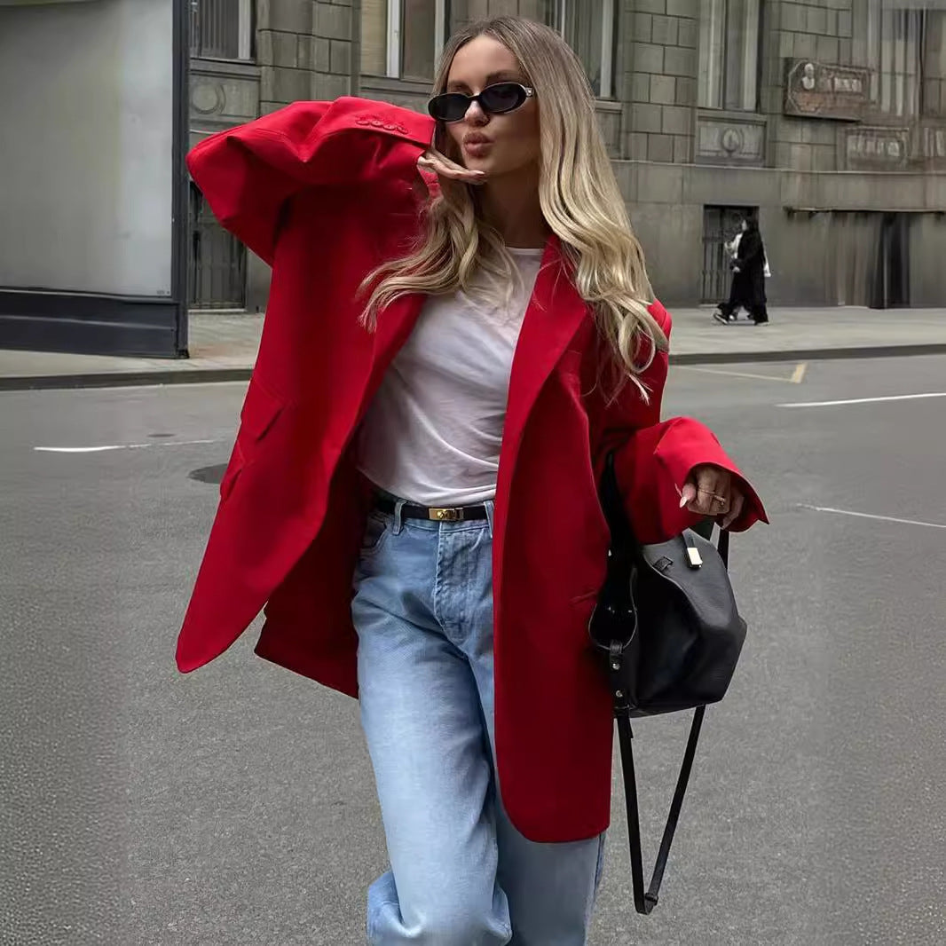 Feminine Style Shoulder Pad Loose Collar Pocket Jacket