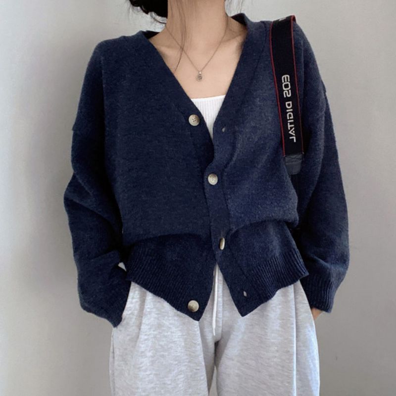 Retro V-neck Buckle Loose Leisure All-matching Long Sleeve Thick Knitted Cardigan Coat For Women