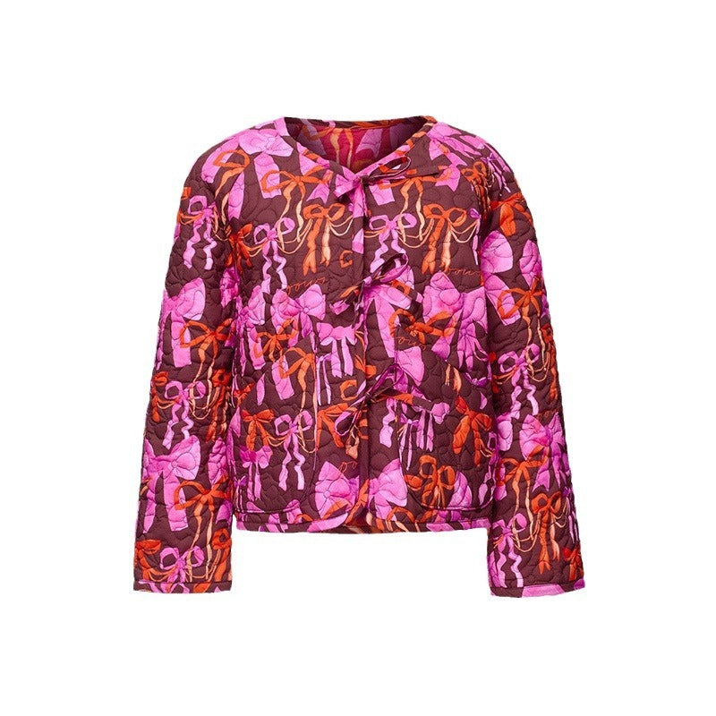 Round Neck Bowknot Printed Double-sided Lace-up Jacket