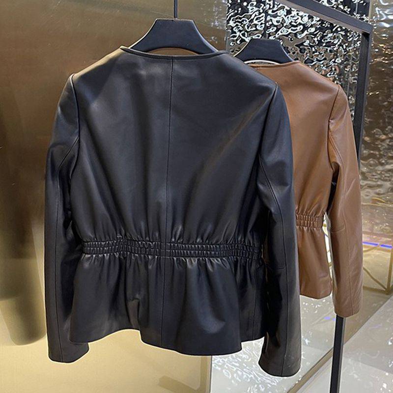 Round Neck Washed Leather Single-breasted Waist Slim Fit Coat