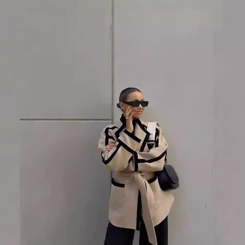 Casual Double-sided Woolen Coat Lace-up Contrast-color Mid-length