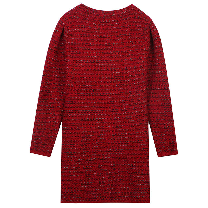 Long Sleeve V-Neck Gold Stripe Slim Mid-Length Red Knit Dress