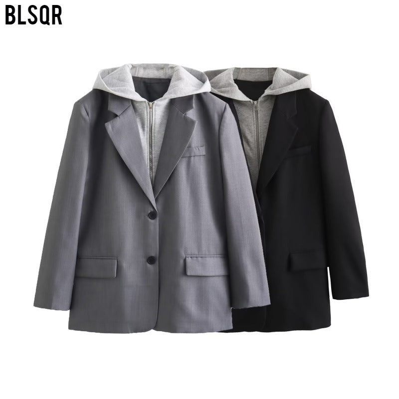 Loose Suit Jacket Women's Cross-border False Two-piece Patchwork Hooded