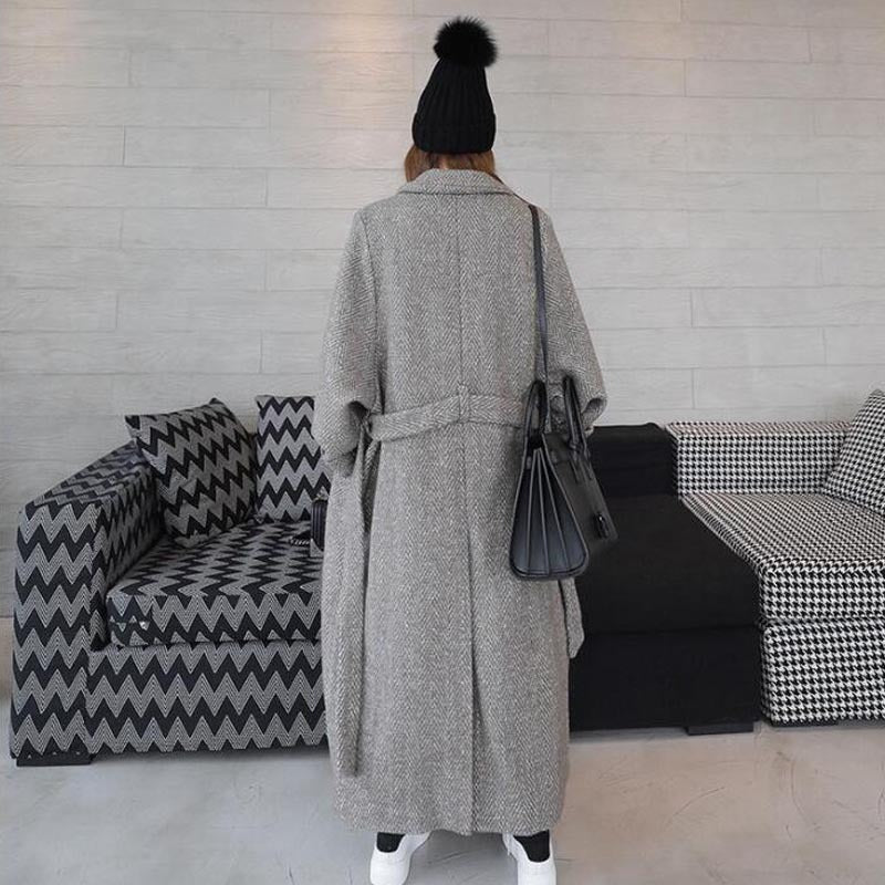 Women's Woolen Coat Long Herringbone Pattern Loose