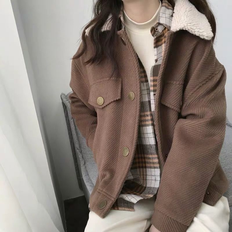 Lamb fur collar padded short woolen coat