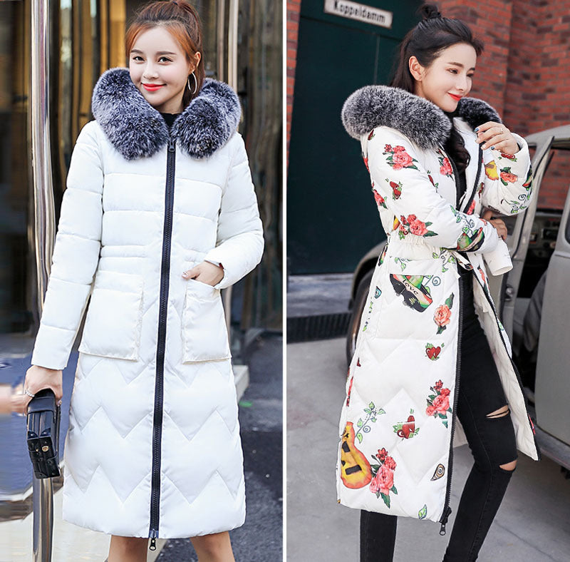 Women's long down jacket with large hairband on both sides