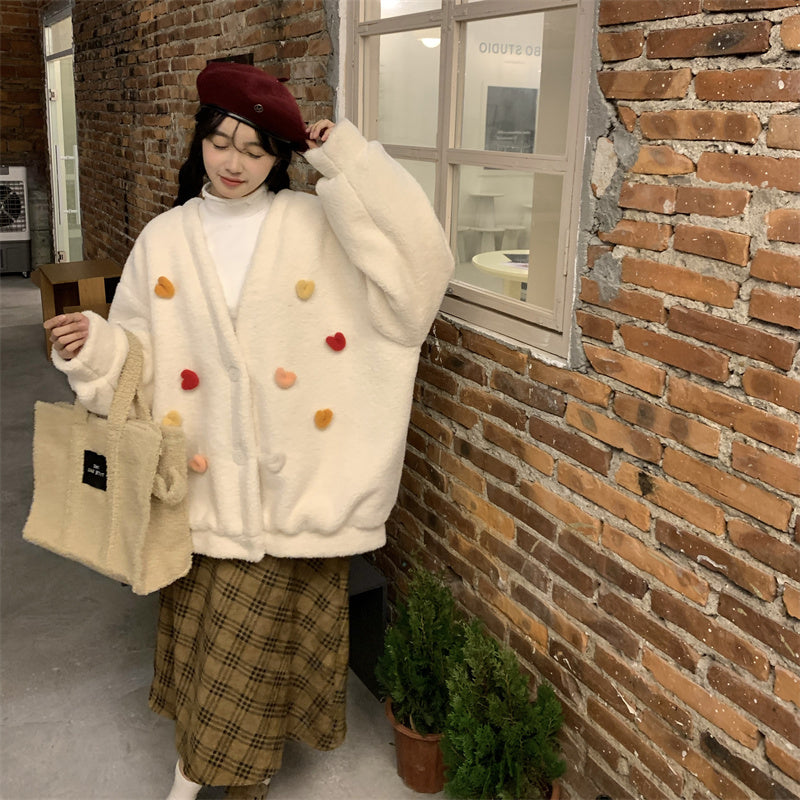 Temperament All-match Plush Thickened V-neck Top Lamb Wool Coat Women