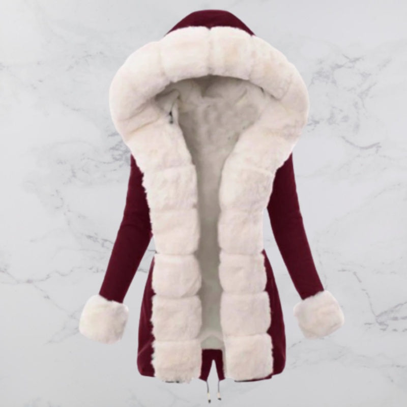 Women's warm coat with hood and woolen collar