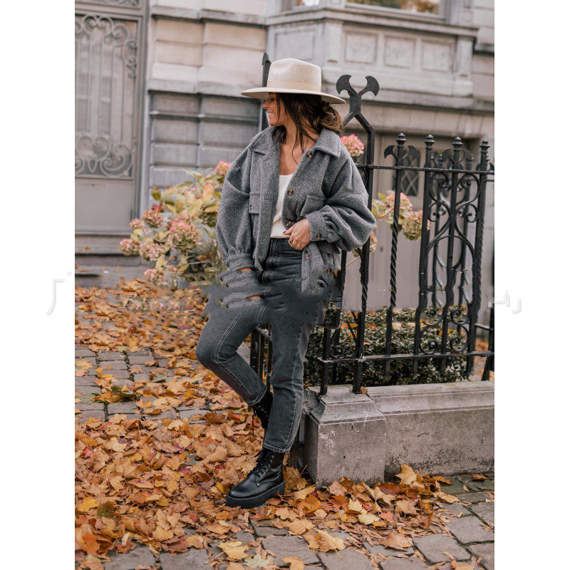 Solid color woolen coat with double pockets