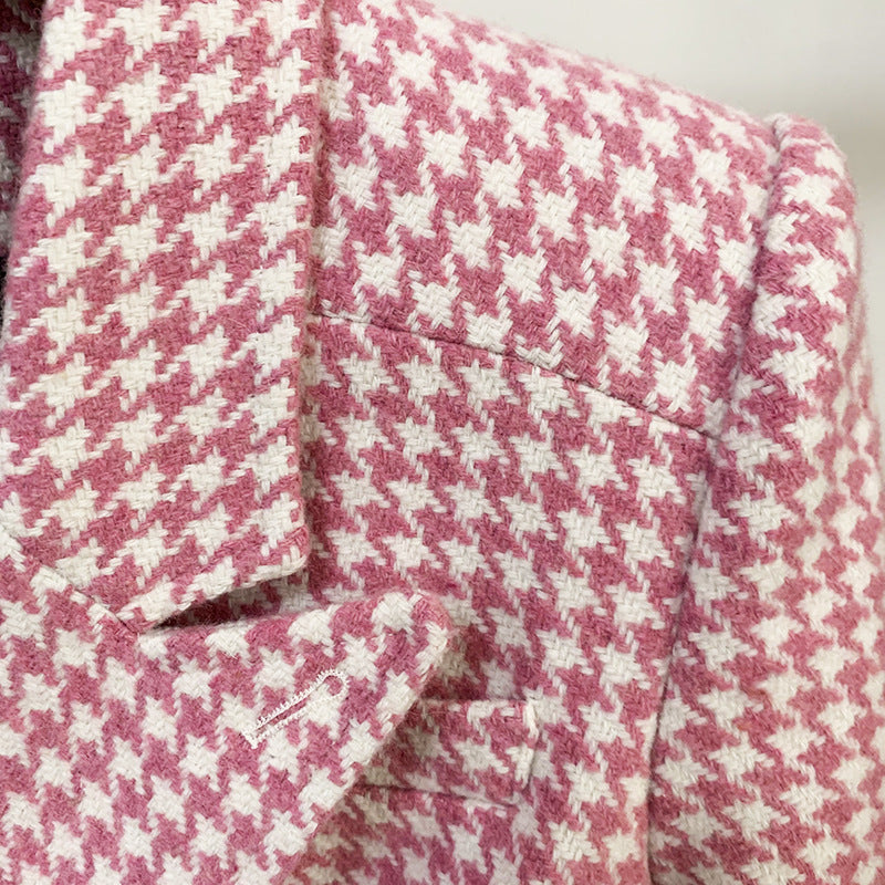 Pink Houndstooth Wool Coat Retro Double-breasted