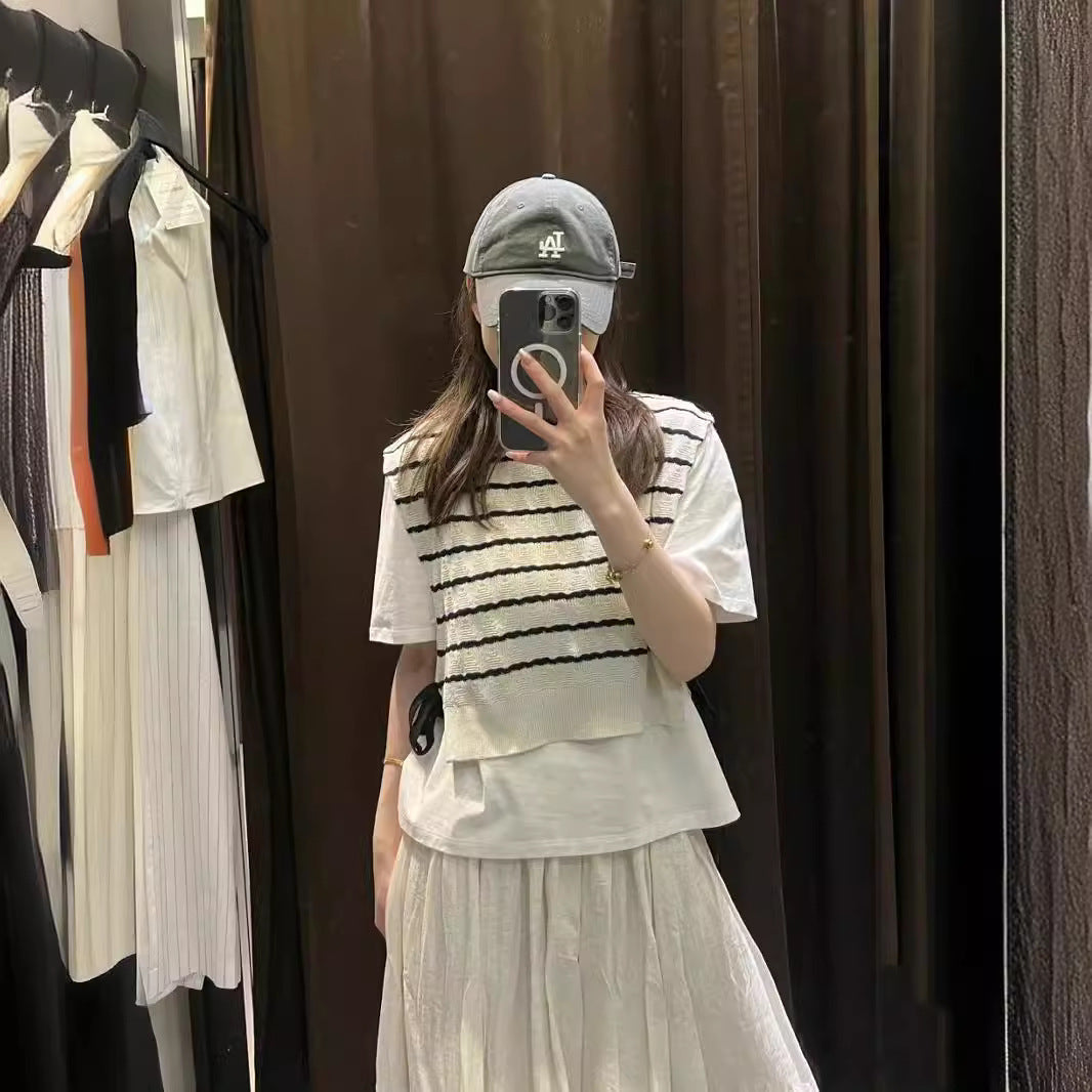 Round Neck Knitted Stitching Fake Two-piece Stripes Short Sleeve T-shirt Top