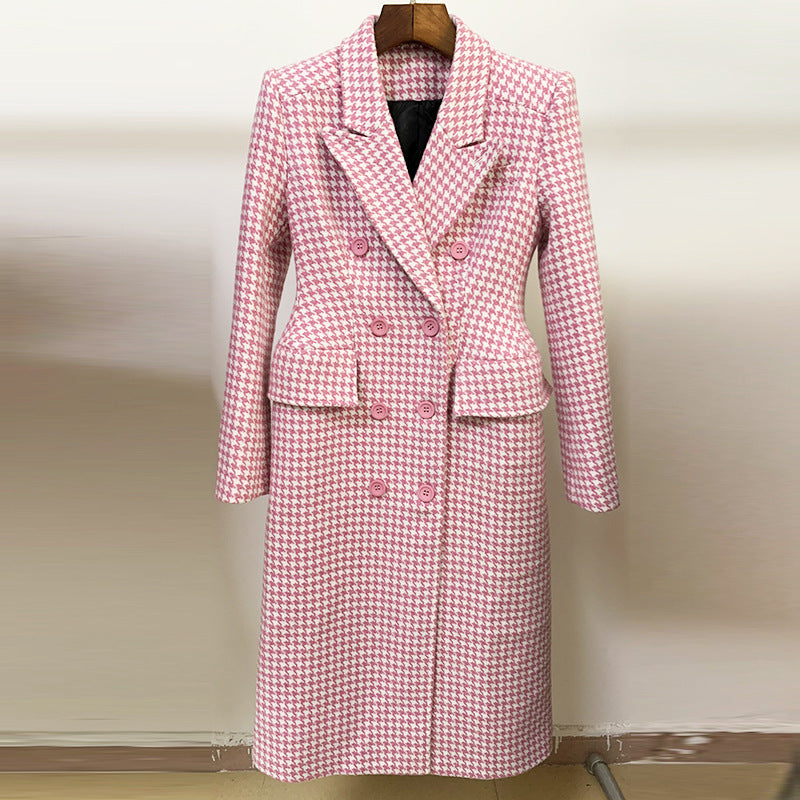 Pink Houndstooth Wool Coat Retro Double-breasted
