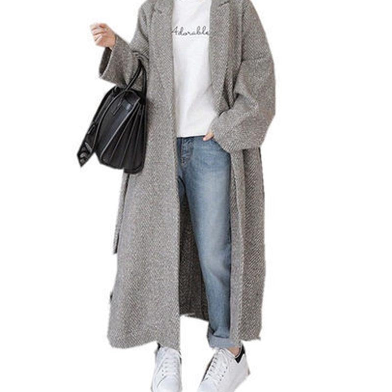 Women's Woolen Coat Long Herringbone Pattern Loose