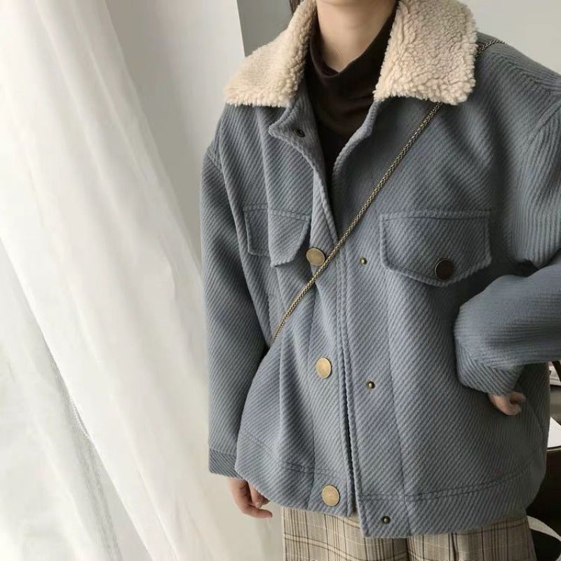 Lamb fur collar padded short woolen coat