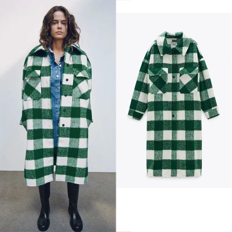 Classic contrast plaid woolen coat
