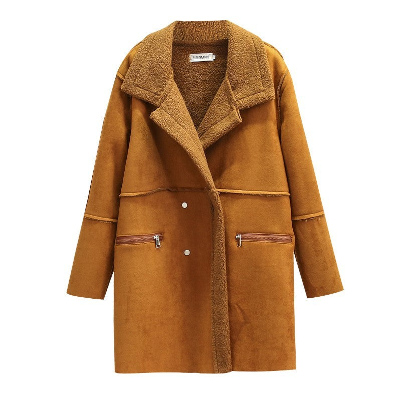Women's Winter Wear Lapel Padded Warm Lamb Wool Coat Mid-Length Suede Coat Coat