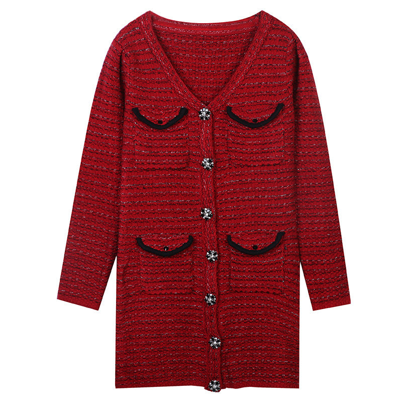 Long Sleeve V-Neck Gold Stripe Slim Mid-Length Red Knit Dress