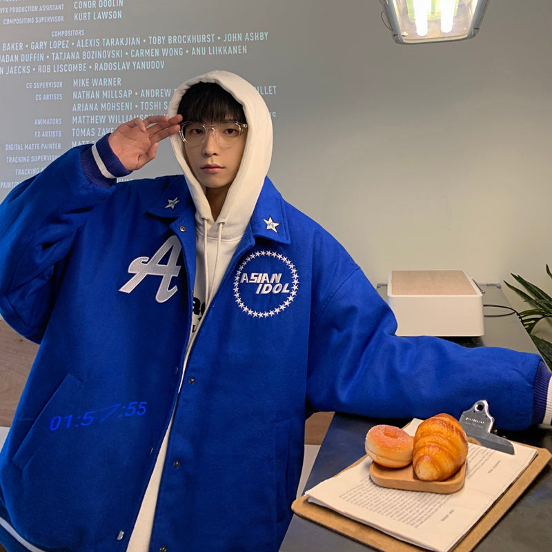 Klein Blue Baseball Uniform American Retro Design Small Lapel Embroidered Jacket