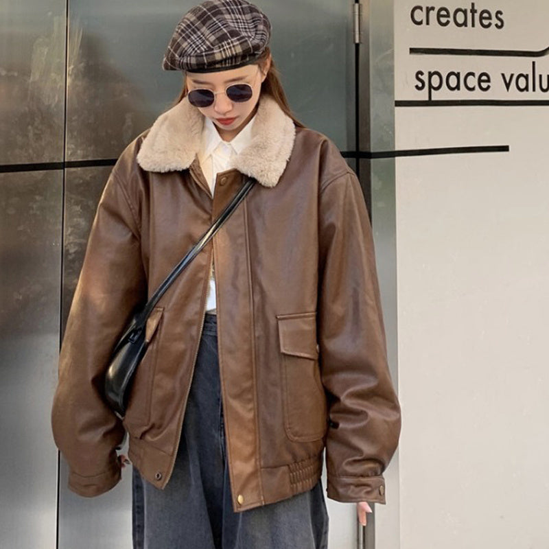 Women's Fashion Retro Leather Warm Jacket