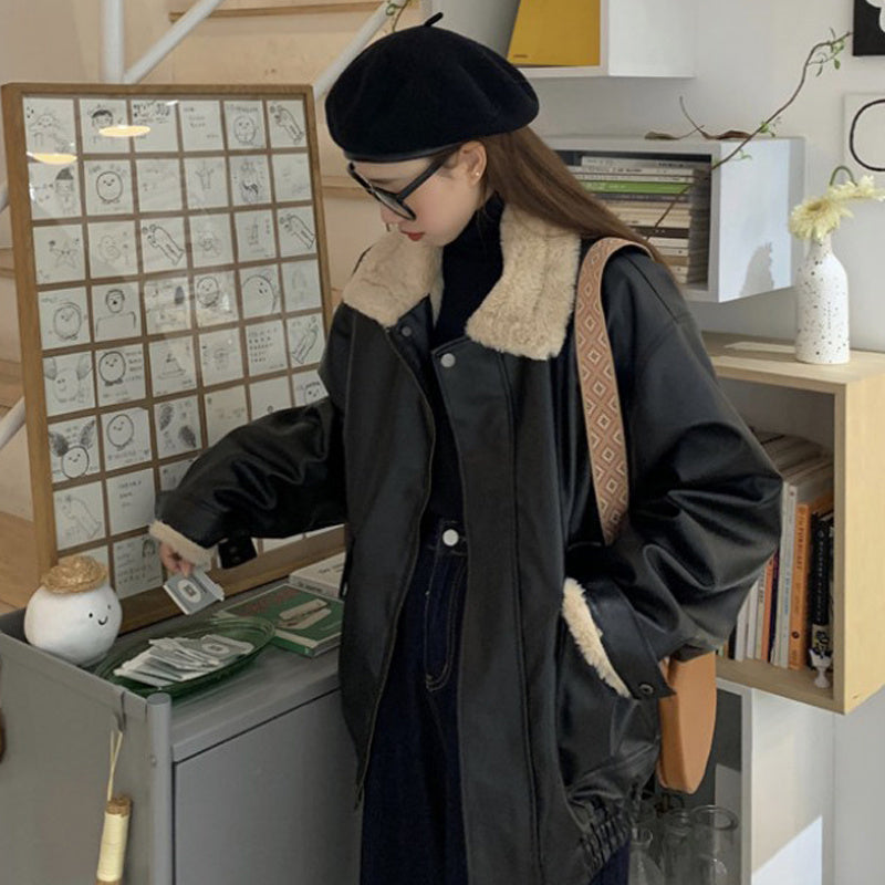 Women's Fashion Retro Leather Warm Jacket