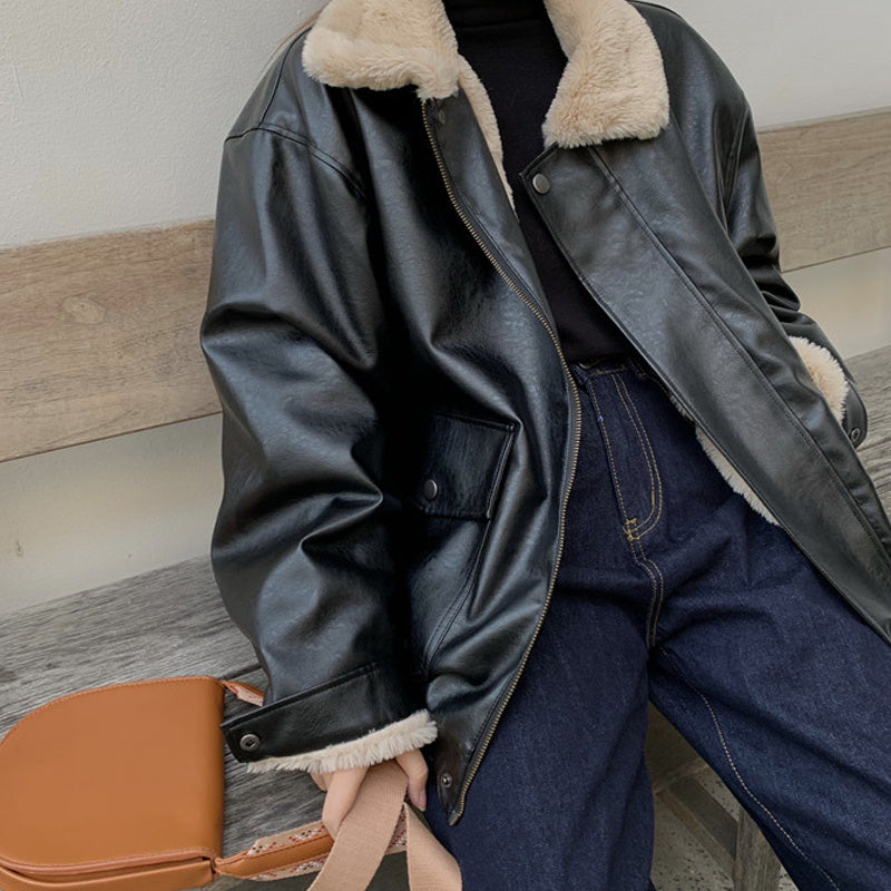 Women's Fashion Retro Leather Warm Jacket