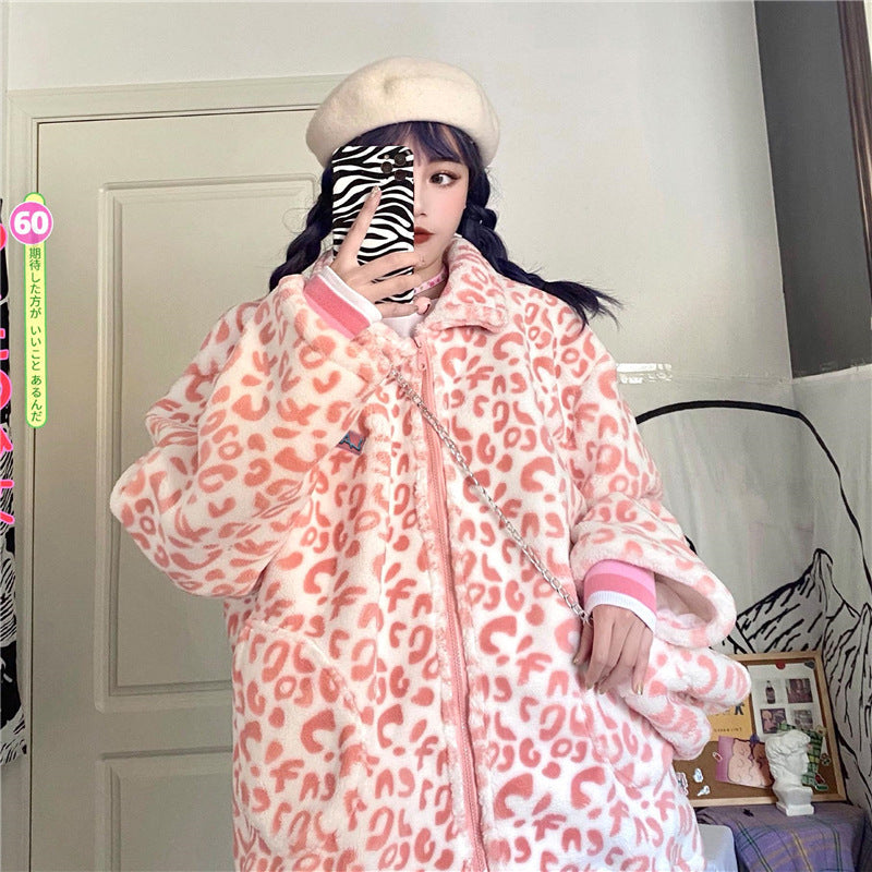 Korean Version Of Pink Lamb Wool Loose Padded Winter Coat