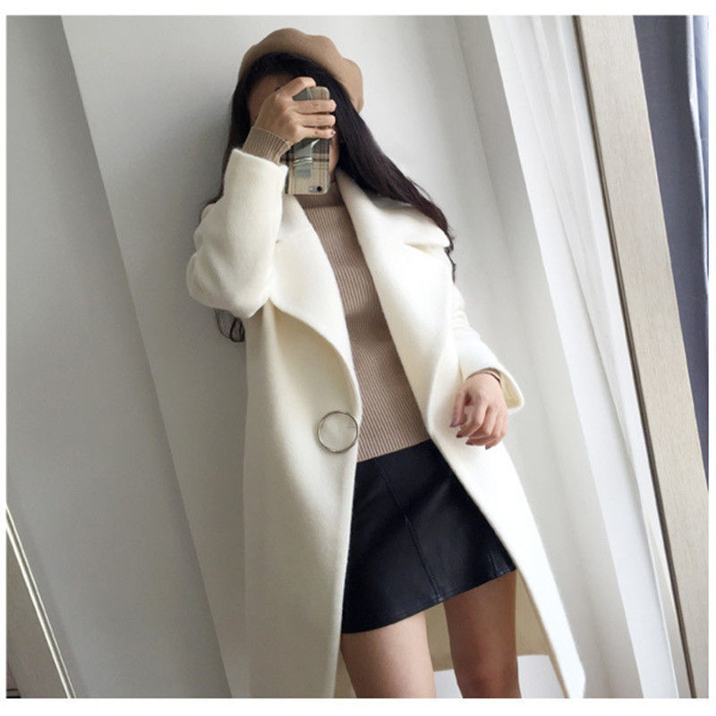 White Mid-Length Cocoon Woolen Coat With Large Lapel