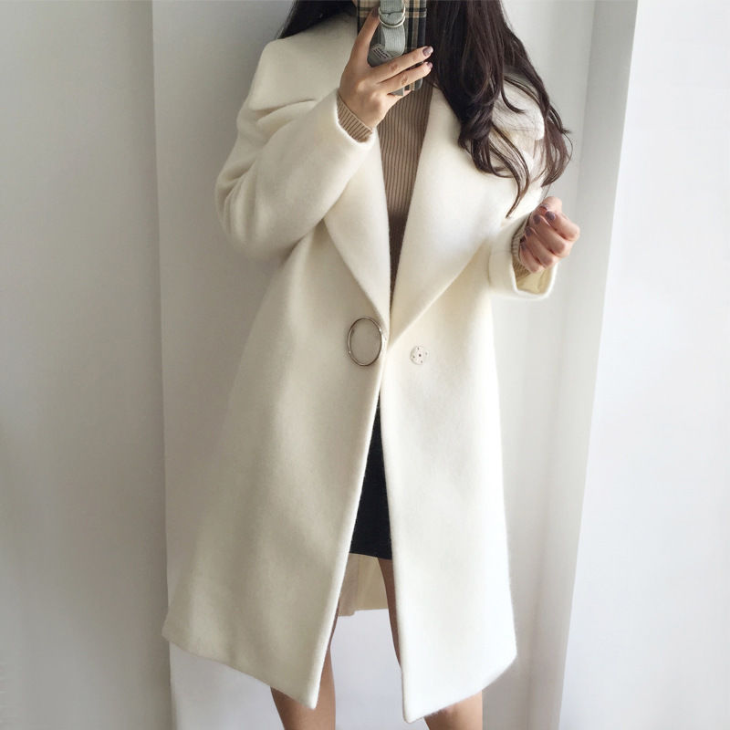 White Mid-Length Cocoon Woolen Coat With Large Lapel