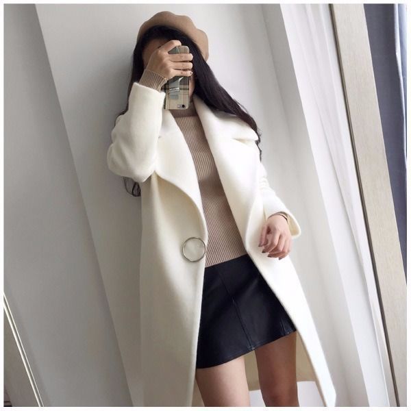White Mid-Length Cocoon Woolen Coat With Large Lapel