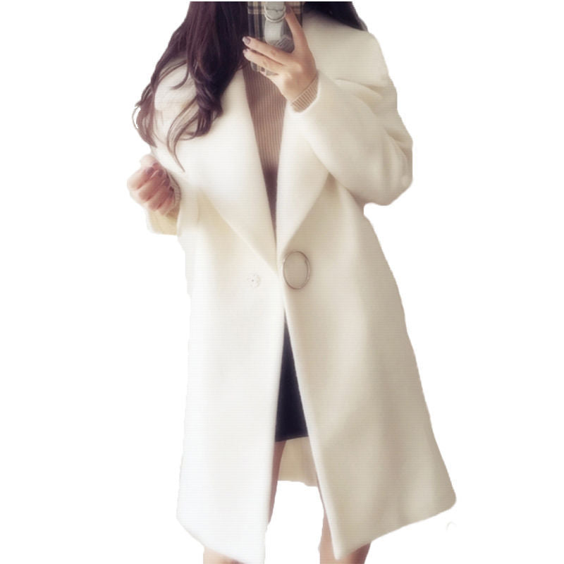 White Mid-Length Cocoon Woolen Coat With Large Lapel