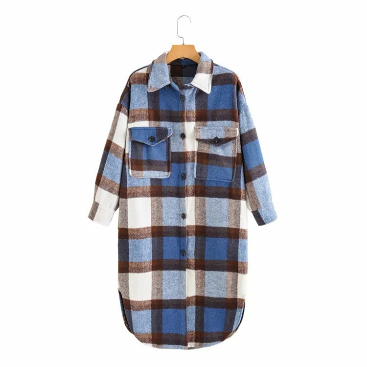 Contrasting Plaid Casual Fashion Simple Long Woolen Coat