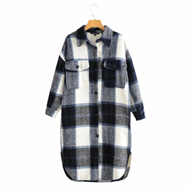 Contrasting Plaid Casual Fashion Simple Long Woolen Coat