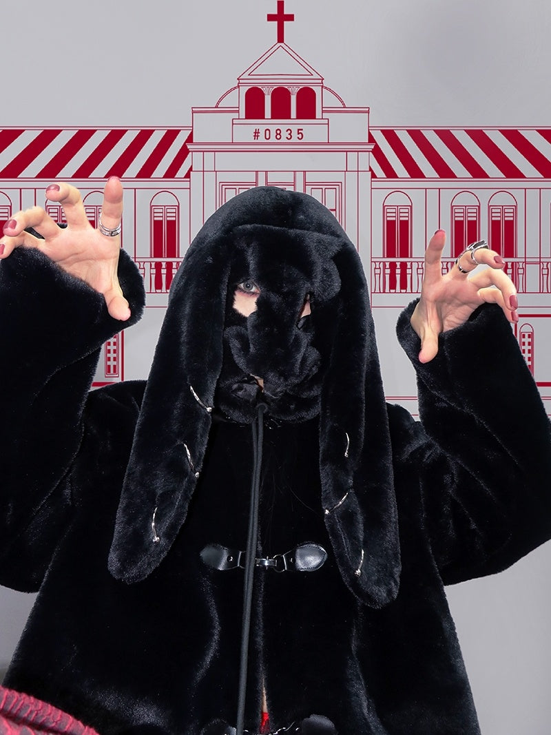 Virtual Track Original Shelter Series Niche Punk Style Dark Black Thick Plush Rabbit Ears Hooded Coat Cotton Jacket