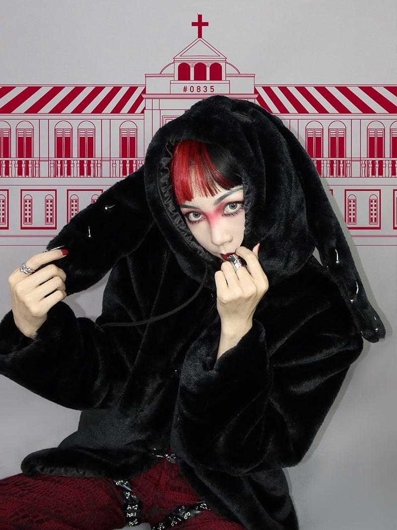 Virtual Track Original Shelter Series Niche Punk Style Dark Black Thick Plush Rabbit Ears Hooded Coat Cotton Jacket