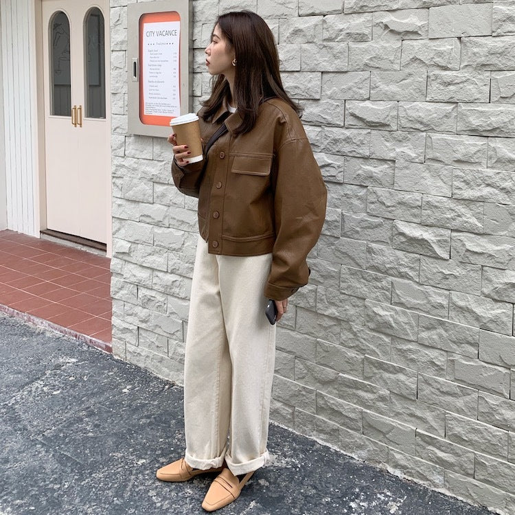 Spring Niche Handsome Lapel Single-Breasted Loose Casual Long-Sleeved Motorcycle Clothing Leather Short Jacket Women