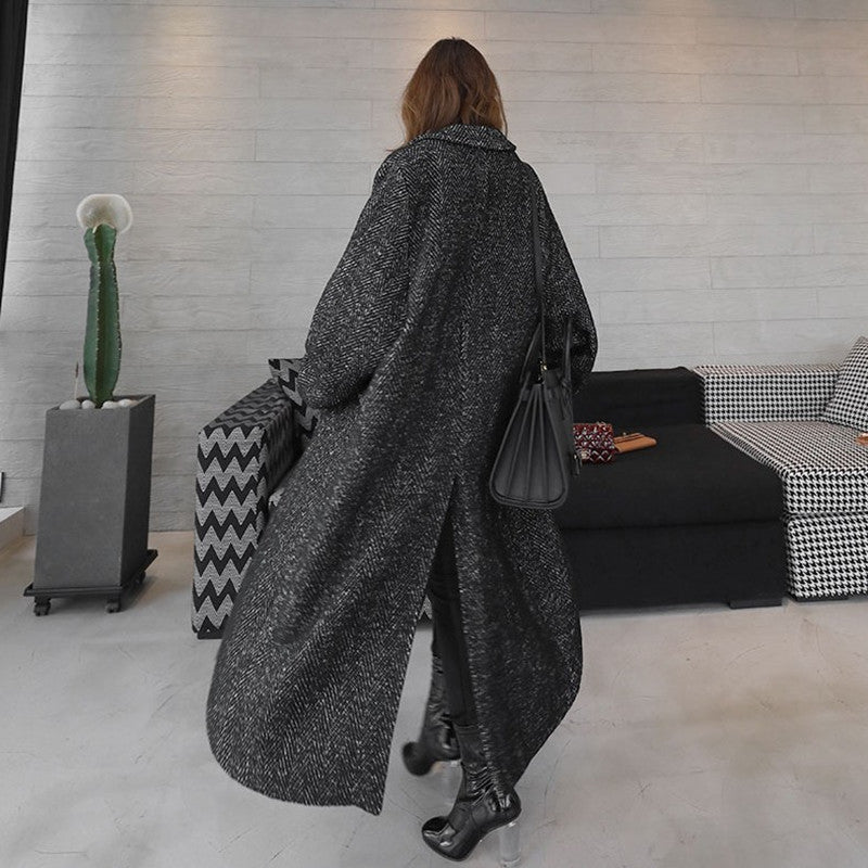 Women's Woolen Coat Long Herringbone Pattern Loose
