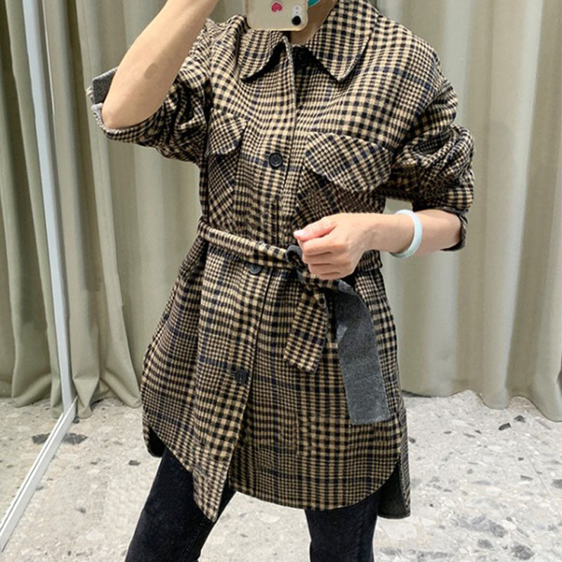 Lapel plaid lace woolen coat