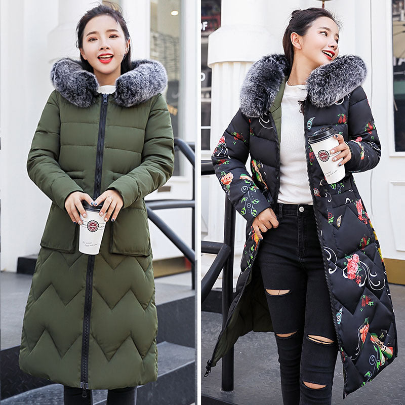 Women's long down jacket with large hairband on both sides