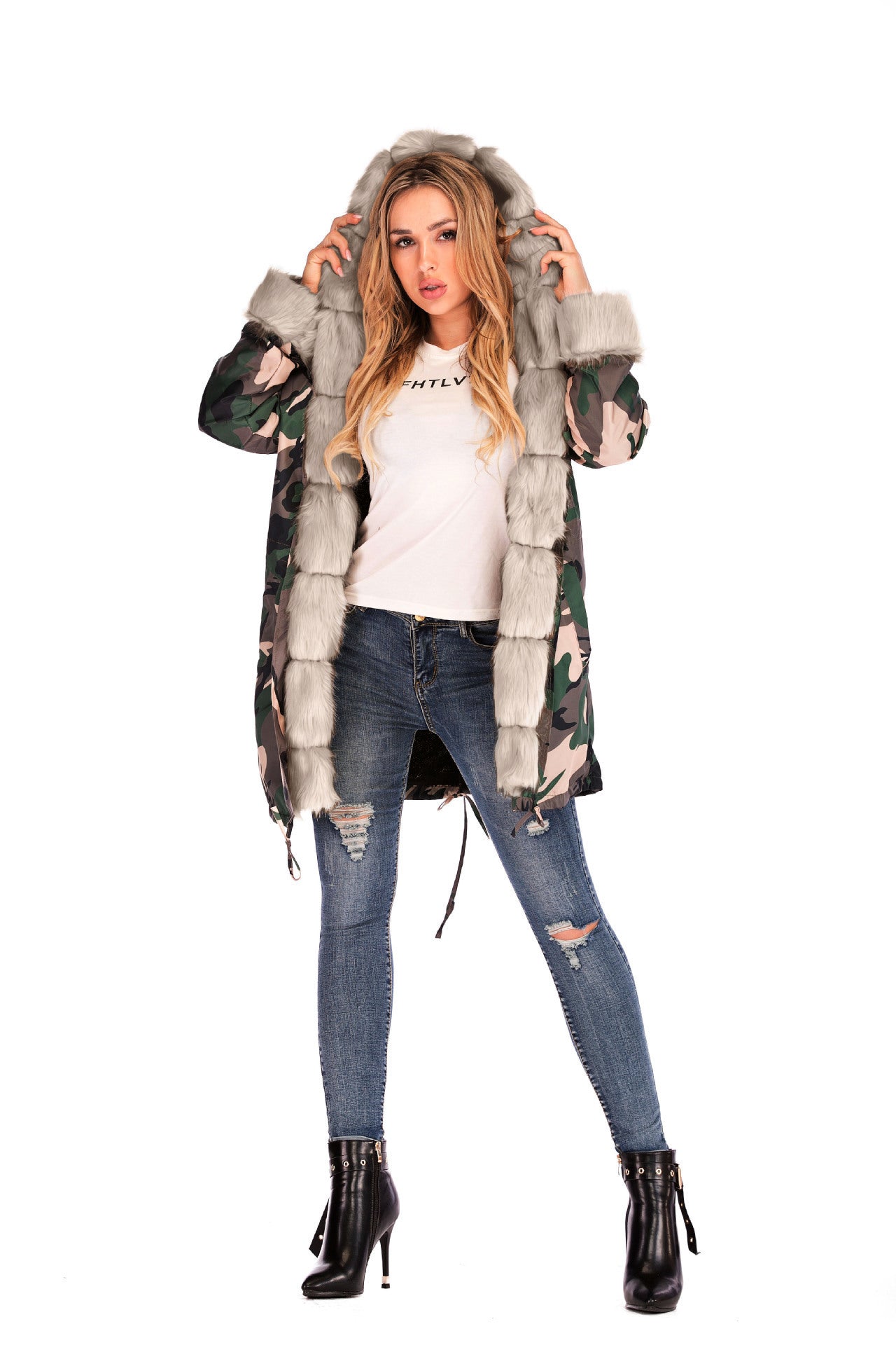 Camouflage plush fur collar warm cotton jacket